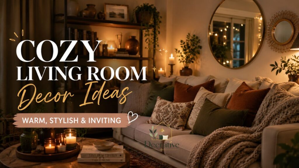 A cozy living room with layered pillows, shelves, candles, wall mirrors, and warm decorative lighting